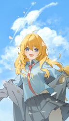 Rule 34 | 1girl, :d, absurdres, alisi, blazer, blonde hair, blue eyes, blue shirt, blue sky, cloud, commentary request, cowboy shot, day, emblem, grey jacket, grey skirt, hair between eyes, highres, jacket, long hair, long sleeves, looking at viewer, midriff peek, miyazono kawori, necktie, open clothes, open jacket, open mouth, outdoors, plaid, plaid skirt, pleated skirt, red necktie, school uniform, shigatsu wa kimi no uso, shirt, skirt, sky, smile, solo, standing, striped necktie, teeth, upper teeth only