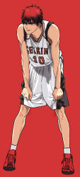 Rule 34 | 1boy, bad id, bad pixiv id, basketball, basketball uniform, clothes writing, full body, hands on own knees, kagami taiga, kuroko no basuke, leaning forward, male focus, red background, red eyes, red hair, shoes, short hair, simple background, smile, sneakers, socks, solo, sportswear, toned, tuna1812