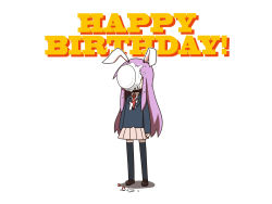 Rule 34 | 1girl, animal ears, black thighhighs, blazer, cake, english text, female focus, food, food on clothes, food on face, fruit, happy birthday, in the face, jacket, lie-lilac, long hair, long sleeves, necktie, pie in face, purple hair, rabbit ears, reisen udongein inaba, shoes, skirt, solo, strawberry, thighhighs, touhou, white background, zettai ryouiki