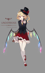 Rule 34 | 1girl, :d, aiming, aiming at viewer, bad id, bad pixiv id, black hat, black jacket, blonde hair, buttons, character name, collared shirt, contemporary, crystal, ekita kuro, english text, fangs, finger on trigger, flandre scarlet, flat chest, frilled skirt, frills, full body, glowing, grey background, gun, hair between eyes, handgun, hat, hat ribbon, highres, holding, holding gun, holding weapon, holster, jacket, leg up, light particles, logo, looking at viewer, miniskirt, necktie, one side up, open mouth, outstretched arm, red eyes, red footwear, red skirt, ribbon, shiny clothes, shirt, shoes, simple background, skirt, slit pupils, smile, solo, standing, standing on one leg, stuffed animal, stuffed toy, teddy bear, thigh holster, thighhighs, top hat, touhou, weapon, white shirt, white thighhighs, wings, yellow necktie