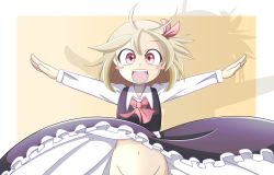 Rule 34 | 1girl, :d, blonde hair, blush stickers, bow, fangs, groin, hair ribbon, konjac tofu, navel, no panties, open mouth, out-of-frame censoring, outstretched arms, red eyes, ribbon, rumia, short hair, skirt, smile, solo, touhou