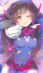 Rule 34 | 1girl, ;), big hair, bodysuit, breasts, brown eyes, brown hair, character name, charm (object), cowboy shot, d.va (overwatch), facial mark, finger gun, gloves, headphones, light smile, long hair, looking at viewer, one eye closed, overwatch, overwatch 1, pilot suit, pointing, pointing at viewer, servati, signature, small breasts, smile, solo, swept bangs, whisker markings, white gloves
