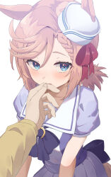 Rule 34 | 1girl, animal ears, biting, blush, chahanramen, collarbone, finger biting, hair between eyes, hair ornament, hat, highres, horse ears, horse girl, horse tail, light brown hair, looking at viewer, low twintails, pov, pov hands, ribbon, school uniform, tail, tracen school uniform, twintails, umamusume, venus paques (umamusume), white background