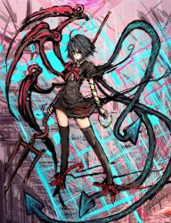 Rule 34 | 1girl, black hair, black thighhighs, female focus, highres, houjuu nue, moto murabito, polearm, red eyes, short hair, solo, spear, thighhighs, touhou, traditional media, trident, weapon, wings, zettai ryouiki