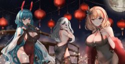 Rule 34 | :o, absurdres, animal ears, ass, azur lane, backless dress, backless outfit, bare shoulders, black dress, black gloves, black hair, blonde hair, blush, boise (azur lane), boise (jade mermaid) (azur lane), breasts, cleavage, dress, elbe (azur lane), elbow gloves, fake animal ears, feather boa, fingerless gloves, folding fan, gloves, grey hair, hair ornament, halter dress, halterneck, hand fan, highres, holding, holding fan, jewelry, lantern, lantern festival, large breasts, looking at viewer, multicolored hair, official alternate costume, paper lantern, rabbit ears, red hair, rei tuki, ring, roon (azur lane), roon (viridescent lullaby) (azur lane), short hair, sky lantern, sleeveless, sleeveless dress, streaked hair, tight clothes, tight dress, two-tone hair, wedding band