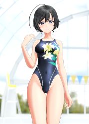 Rule 34 | 1girl, absurdres, ahoge, black eyes, black hair, black one-piece swimsuit, blurry, blurry background, breasts, commentary request, competition swimsuit, covered navel, cowboy shot, floral print, girls und panzer, highres, indoors, isuzu hana, long hair, medium breasts, one-piece swimsuit, solo, string of flags, swimsuit, takafumi, thigh gap, updo