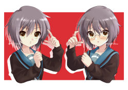 Rule 34 | 2girls, blue sailor collar, blush, brown cardigan, brown eyes, cardigan, commentary request, dual persona, embarrassed, expressionless, food, glasses, hair between eyes, hand up, holding, holding food, holding pocky, kita high school uniform, kuuma25 kuma, long sleeves, looking at viewer, multiple girls, nagato yuki, open cardigan, open clothes, open mouth, pocky, pocky day, purple hair, red background, sailor collar, school uniform, serafuku, short hair, suzumiya haruhi no shoushitsu, suzumiya haruhi no yuuutsu, two-tone background, white background