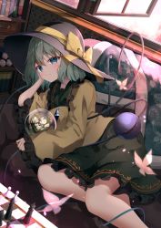 Rule 34 | 1girl, black skirt, blush, bug, butterfly, chess piece, closed eyes, couch, frilled sleeves, frills, green eyes, green hair, hand on own cheek, hand on own face, hat, head rest, heart, highres, indoors, insect, kirikaze ren, komeiji koishi, looking at viewer, lying, on couch, on side, petticoat, shirt, skirt, smile, solo, sun hat, third eye, touhou, wide sleeves, window, yellow shirt