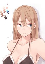 Rule 34 | 1girl, bare shoulders, bikini, black bikini, blonde hair, blue eyes, blush, breasts, cleaver, closed mouth, color guide, drop shadow, frilled bikini, frills, hair between eyes, halterneck, highres, large breasts, long hair, looking to the side, original, rucchiifu, simple background, smile, solo, swimsuit, upper body, white background