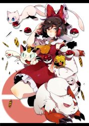Rule 34 | 1girl, bow, brown hair, chingling, coin, commentary, creatures (company), crossover, detached sleeves, frills, full body, game freak, gen 1 pokemon, gen 3 pokemon, gen 4 pokemon, hair bow, hair tubes, hakurei reimu, hand up, highres, legendary pokemon, long sleeves, looking at viewer, meowth, mew (pokemon), mythical pokemon, nintendo, poke ball, poke ball (basic), poke ball symbol, pokemon, pokemon (creature), red bow, red shirt, red skirt, shirt, skirt, sparkle, tabun (osoracu), touhou, white background, wide sleeves, yellow neckwear, zigzagoon