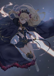 1girl artist_name asymmetrical_legwear black_cape black_dress black_panties black_thighhighs blonde_hair cape dress ereshkigal_(fate) fate/grand_order fate_(series) female_focus floating_hair full_body hair_ribbon highres leg_up long_hair looking_at_viewer orange_eyes panties purple_ribbon reluvy ribbon short_dress smile solo thighhighs tohsaka_rin underwear uneven_legwear very_long_hair