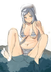 Rule 34 | 10s, 1girl, aila jyrkiainen, bad id, bad pixiv id, barefoot, bikini, blue eyes, blue hair, breasts, full body, gundam, gundam build fighters, hat, large breasts, long hair, matching hair/eyes, navel, partially submerged, simple background, skirt, sky of morika, solo, striped bikini, striped clothes, swimsuit, water, white background