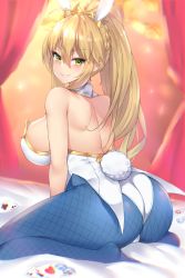 Rule 34 | 1girl, animal ears, artoria pendragon (all), artoria pendragon (fate), artoria pendragon (swimsuit ruler) (fate), ass, back, bare shoulders, blonde hair, blue pantyhose, blush, braid, breasts, chromatic aberration, detached collar, fake animal ears, fate/grand order, fate (series), fishnet pantyhose, fishnets, french braid, green eyes, hair between eyes, highres, kuavera, large breasts, leotard, long hair, looking at viewer, looking back, pantyhose, playboy bunny, playing games, poker chip, ponytail, rabbit ears, rabbit tail, sidelocks, sitting, smile, solo, tail, thighs, tiara, wariza, white leotard
