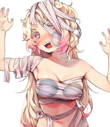 Rule 34 | 1girl, :d, against fourth wall, agnamore, arm up, bad id, bad pixiv id, bare shoulders, blonde hair, blush, breasts, brown eyes, collarbone, commentary request, gradient hair, hand up, head tilt, korean commentary, long hair, looking at viewer, medium breasts, multicolored hair, mummy costume, navel, nose blush, open mouth, original, pink hair, simple background, smile, solo, upper body, very long hair, white background