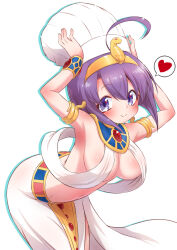 Rule 34 | 1girl, ahoge, arms up, bare shoulders, blush, breasts, chef hat, closed mouth, colored shadow, commentary request, drop shadow, egyptian clothes, groin, hair between eyes, hat, heart, jashin-chan dropkick, leaning forward, looking at viewer, medium breasts, medusa (jashin-chan dropkick), muu rian, navel, purple eyes, purple hair, shadow, simple background, skirt, smile, solo, spoken heart, usekh collar, white background, white hat, white skirt
