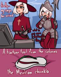 Rule 34 | 2girls, absurdres, armor, arms behind back, blue background, boat, capelet, centurii-chan (artist), commentary, cross, english commentary, english text, gauntlets, halberd, hat, helmet, highres, inquisitor (centurii-chan), la chancla, medium hair, meme, multiple girls, original, polearm, rapier, red capelet, red headwear, red shirt, sailboat, sandals, shirt, sword, treasure chest, watercraft, weapon, white hair