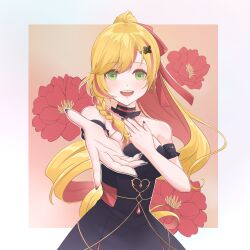Rule 34 | 1girl, absurdres, bare shoulders, black nails, blonde hair, blush, braid, breasts, dress, earrings, erunrin, flower, green eyes, hair ornament, hairclip, hand on own chest, high ponytail, highres, jewelry, large breasts, long hair, looking at viewer, nijisanji, nijisanji kr, open mouth, outstretched hand, reaching, reaching towards viewer, seffyna, sleeveless, sleeveless dress, solo, very long hair, virtual youtuber