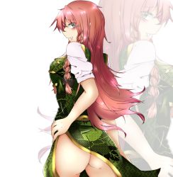 Rule 34 | 1girl, alufald0916, ass, blush, braid, breasts, china dress, chinese clothes, dress, green eyes, hand on own hip, hong meiling, large breasts, long hair, looking at viewer, looking back, no panties, red hair, shiny skin, simple background, solo, standing, touhou, white background