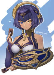 Rule 34 | 1girl, blue eyes, blush, breasts, candace (genshin impact), card, cleavage, commentary request, dark-skinned female, dark skin, detached sleeves, duel disk, egyptian clothes, eye of horus, genshin impact, hair ornament, heterochromia, highres, holding, holding card, looking at viewer, makeup, medium breasts, nail polish, nanamo yado, parted lips, purple hair, purple nails, shield, short hair with long locks, simple background, solo, sparkle, twitter username, two-tone background, upper body, yellow eyes, yu-gi-oh!