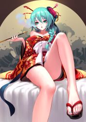 Rule 34 | 1girl, :o, alternate costume, alternate hairstyle, aqua hair, bare legs, bare shoulders, beads, blue eyes, blue nails, braid, breasts, clog sandals, feet, fkey, floral print, flower, hair between eyes, hair flower, hair ornament, hair over shoulder, hair stick, hatsune miku, highres, holding, holding smoking pipe, japanese clothes, kimono, kiseru, knee up, long hair, long sleeves, looking at viewer, nail polish, obi, off shoulder, print kimono, red kimono, sandals, sash, short kimono, sitting, small breasts, smoke, smoking, smoking pipe, solo, toenail polish, toenails, toes, vocaloid, waves, wide sleeves, yuujo, zouri