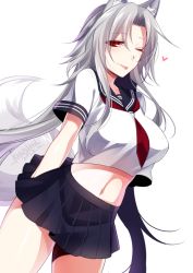Rule 34 | 1girl, animal ears, arms behind back, black sailor collar, black skirt, breasts, commentary request, cowboy shot, dated, grey hair, heart, konshin, large breasts, long hair, looking at viewer, midriff, navel, necktie, one eye closed, original, pleated skirt, red eyes, red necktie, sailor collar, school uniform, serafuku, short sleeves, signature, simple background, skirt, solo, standing, very long hair, white background