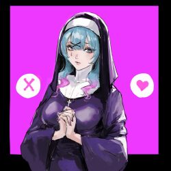 Rule 34 | 1girl, aqua hair, black headwear, breasts, closed mouth, commentary, cross, cross necklace, dress, habit, hair ornament, hatsune miku, heart, highres, interlocked fingers, jewelry, large breasts, long sleeves, looking at viewer, multicolored hair, nail polish, necklace, nun, osakana (denpa yun&#039;yun), pink hair, pink nails, purple dress, rabbit hole (vocaloid), simple background, solo, symbol-only commentary, teardrop facial mark, two-tone background, upper body, vocaloid, wide sleeves, x, x hair ornament