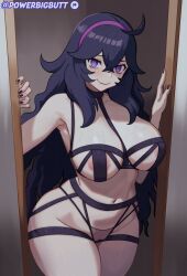 1girl @_@ ahoge areola_slip breasts cleft_of_venus creatures_(company) curvy female_focus game_freak hex_maniac_(pokemon) highres large_breasts lingerie long_hair looking_at_viewer matching_hair/eyes nail_polish navel nintendo pokemon pokemon_xy powerbigbutt purple_eyes purple_hair pussy see-through skindentation solo thick_thighs thighs underwear veins veiny_breasts wide_hips