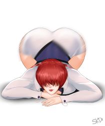 Rule 34 | 1girl, ass, ass shake, bent over, bouncing ass, breast press, breasts, clothes, female focus, hair between eyes, highres, huge ass, jiggle, large breasts, long hair, looking at viewer, motion blur, red hair, shermie (kof), simple background, skd, smile, snk, solo, the king of fighters, top-down bottom-up, twintails, white background