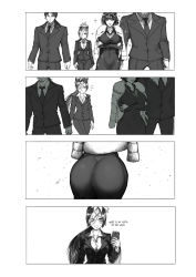 Rule 34 | 2boys, 2girls, 4koma, ass, black hair, blazer, blush, breasts, coat, collared shirt, comic, covered navel, crossed arms, dress, drooling, english text, female pervert, fubuki (one-punch man), fur coat, greyscale, happy, highres, jacket, jewelry, large breasts, long hair, matsuge (one-punch man), monochrome, multiple boys, multiple girls, necklace, one-punch man, pervert, phone, ponytail, sansetsukon no lily, shirt, short hair, smile, sparkle, sweatdrop, taking picture, text focus, the golden smurf, tuxedo, wide hips, yamazaru (one-punch man), yuri