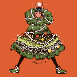 Rule 34 | 1girl, absurdres, arms up, black hair, christmas ornaments, christmas tree costume, closed eyes, dated, green footwear, highres, long sleeves, original, procreate (medium), red background, shoes, short hair, signature, simple background, smile, solo, star (symbol), tomidoron