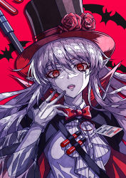 Rule 34 | 1girl, absurdres, arknights, bat (animal), black hat, blood vial, bow, bowtie, cape, colored skin, flower, gloves, hair between eyes, hand to own mouth, hand up, hat, hat flower, highres, holding, long hair, official alternate costume, pointy ears, red bow, red bowtie, red eyes, rose, scar, scar across eye, scar on face, shirt, shokikanes, solo, stitches, top hat, traditional bowtie, warfarin (arknights), warfarin (the feast) (arknights), white gloves, white hair, white shirt, white skin
