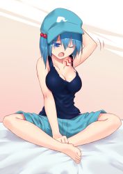 Rule 34 | 1girl, arm up, bad id, bad nicoseiga id, blue eyes, blue hair, breasts, cleavage, female focus, gradient background, hair bobbles, hair ornament, hat, kawashiro nitori, large breasts, matching hair/eyes, one eye closed, open mouth, scratching head, short hair, shorts, sitting, solo, striped, striped background, tank top, tears, touhou, two side up, yawning, yonaga (masa07240)