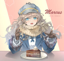 Rule 34 | 1girl, :o, blue coat, blue eyes, blue neckerchief, brown gloves, brown hair, brown scarf, cabbie hat, cake, cake slice, character name, coat, curly hair, dated, dress, facing viewer, food, fork, gloves, gradient background, grey hat, hands up, hat, highres, holding, holding fork, long hair, long sleeves, looking down, marcus (reverse:1999), neckerchief, open mouth, pink background, plate, reverse:1999, sachertorte (food), scarf, solo, sparkle, straight-on, teeth, two-tone background, upper body, upper teeth only, white dress, yan jing tian, yellow background