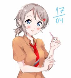 Rule 34 | 1girl, artist name, artist request, bag, blue eyes, blush, breasts, brown hair, brown shirt, collared shirt, female focus, foreshortening, grey hair, hair ornament, hairclip, heart, heart hair ornament, highres, jacket, light brown hair, light rays, lips, long sleeves, looking at viewer, looking to the side, love live!, love live! school idol festival, love live! sunshine!!, low ponytail, maru cyy, medium breasts, necktie, orange shirt, red necktie, shirt, short hair, solo, striped, striped necktie, sunlight, swept bangs, upper body, valentine, watanabe you, white background, white jacket, wing collar