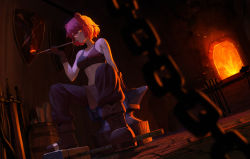 Rule 34 | 1girl, absurdres, animal ears, anvil, arm tattoo, armor, armpit crease, bare shoulders, barrel, blurry, blurry foreground, boots, brown footwear, brown gloves, chain, collarbone, commission, cool4noodle, crack, embers, fire, forge, gloves, hammer, highres, holding, holding smoking pipe, indoors, leather, leather armor, navel, orange eyes, original, purple hair, rapier, red pupils, scar, scar across eye, scar on face, scroll, shield, short hair, shoulder tattoo, sitting, slit pupils, smoke, smoking, smoking pipe, solo, sword, tattoo, toned, tools, tree stump, weapon