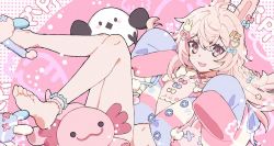 Rule 34 | 1girl, ahoge, animal ears, anklet, bare legs, barefoot, braid, commentary, english commentary, feet, jewelry, long hair, looking at viewer, n4391, open mouth, pajamas, partially unbuttoned, phase connect, pink eyes, pink hair, pink pajamas, pipkin pippa, pipkin pippa (1st costume), rabbit ears, single braid, single slipper, sleeves past wrists, slippers, smile, soles, solo, stuffed animal, stuffed axolotl, stuffed bird, stuffed toy, toes, virtual youtuber