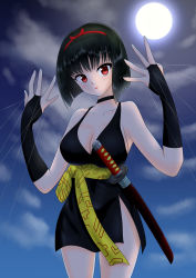 Rule 34 | 1girl, absurdres, artist request, black hair, breasts, choker, cleavage, eyeshadow, hairband, highres, inuyasha, large breasts, lipstick, looking at viewer, makeup, night, night sky, no bra, red eyes, revealing clothes, short hair, sky, smile, sakasagami no yura