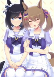 Rule 34 | 2girls, :d, ^ ^, animal ears, arm hug, black bow, black hair, blue eyes, blush, bow, brown hair, closed eyes, closed mouth, commentary request, eishin flash (umamusume), hair between eyes, hair bow, highres, horse ears, horse girl, horse tail, mocchisake, multiple girls, open mouth, outline, pink bow, pleated skirt, puffy short sleeves, puffy sleeves, purple bow, purple shirt, school uniform, seiza, shirt, short sleeves, sitting, skirt, smart falcon (umamusume), smile, sweat, tail, thighhighs, tracen school uniform, twintails, umamusume, white outline, white skirt, white thighhighs