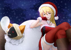 Rule 34 | 2girls, arc system works, artist request, bag, blazblue, blonde hair, boots, breasts, christmas, dress, giving up the ghost, gloves, green eyes, hat, highres, long hair, looking at viewer, multiple girls, noel vermillion, open mouth, panties, red eyes, santa costume, short dress, smile, taokaka, tattoo, thigh boots, thighhighs, underwear