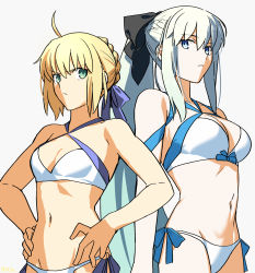 Rule 34 | 2girls, ahoge, arms at sides, artoria pendragon (fate), artoria pendragon (swimsuit archer) (fate), artoria pendragon (swimsuit archer) (fate) (cosplay), bikini, black ribbon, blonde hair, blue eyes, blue ribbon, braid, breasts, chietori, cosplay, cowboy shot, crown braid, expressionless, fate/grand order, fate (series), french braid, frown, green eyes, groin tendon, hair ribbon, hands on own hips, highres, large breasts, looking at another, morgan le fay (fate), multiple girls, navel, ribbon, shaded face, siblings, sisters, small breasts, swimsuit, white background