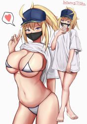 Rule 34 | 1girl, absurdres, artoria pendragon (fate), bikini, blonde hair, blouse, blue eyes, blush, breasts, cellphone, cleavage, commentary request, fate/grand order, fate (series), hat, highres, katsuragi nantoka, large breasts, loose clothes, loose shirt, mask, mysterious heroine x (fate), mysterious heroine xx (fate), phone, ponytail, selfie, shirt, smartphone, swimsuit, thighs, white background, white shirt