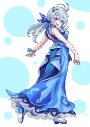 Rule 34 | .live, 1girl, :d, absurdres, antenna hair, arched back, barrel, blue bow, blue dress, blue eyes, blush, bow, breasts, commentary request, dolphin earrings, dress, earrings, flower, frilled dress, frills, from side, full body, hair flower, hair ornament, hair ribbon, highres, jewelry, long hair, looking at viewer, looking to the side, low ponytail, medium breasts, open mouth, ribbon, shoes, silver hair, dennou shoujo siro, sleeveless, sleeveless dress, smile, solo, teeth, ume (yume uta da), upper teeth only, virtual youtuber, walking, white flower, white footwear, wristband
