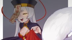 Rule 34 | 1girl, bad id, bad twitter id, breasts, commission, fangs, glowing, glowing eyes, grey background, hand up, hat, highres, jiangshi costume, long hair, looking at viewer, nia (nia4294), ofuda, one eye covered, open mouth, original, qingdai guanmao, small breasts, smile, solo, upper body, white hair, yellow eyes