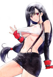 Rule 34 | 1girl, absurdres, arm support, bare shoulders, belt, black hair, black skirt, blush, breasts, clothes lift, clothes pull, covered erect nipples, final fantasy, final fantasy vii, fingerless gloves, gloves, highres, large breasts, long hair, looking at viewer, low-tied long hair, miniskirt, panties, parted lips, pencil skirt, pulled by self, red eyes, red gloves, scan, see-through, shiny skin, shirt, shirt lift, shirt pull, simple background, skirt, sleeveless, solo, suspenders, tank top, tifa lockhart, tony taka, underboob, underwear, white background, white panties