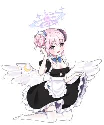 Rule 34 | 1girl, :d, absurdres, alternate costume, alternate hairstyle, apron, black dress, blue archive, blush, breasts, cleavage, crescent, crescent pin, double bun, dress, enmaided, feathered wings, frilled apron, frilled dress, frills, full body, hair bun, halo, highres, kneeling, lattes2, looking at viewer, maid, medium breasts, mika (blue archive), open mouth, pink hair, skirt hold, smile, solo, thighhighs, waist apron, white apron, wings, yellow eyes