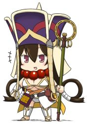 Rule 34 | +++, 1girl, bad id, bad twitter id, beads, black hair, breasts, brown hair, cleavage, earrings, fate/grand order, fate (series), hamu koutarou, hat, jewelry, large breasts, long hair, prayer beads, smile, solo, staff, white background, xuangzang sanzang (fate)