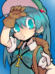 Rule 34 | 1girl, :o, backpack, bag, blue eyes, blue hair, gloves, hair bobbles, hair ornament, hand to forehead, hat, kawashiro nitori, key, lolicom, matching hair/eyes, short sleeves, solo, sweat, touhou, twintails, upper body