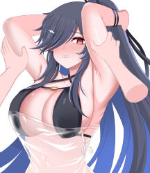 1girl 1other @_@ absurdres armpits arms_up bare_arms bikini black_bikini black_ribbon blush bracelet breasts cleavage clenched_teeth collarbone ear_blush eda_(epic_seven) emgh7234 epic_seven gradient_hair grey_hair hair_ornament hair_over_one_eye hair_ribbon hairclip high_ponytail highres jewelry large_breasts long_hair looking_at_viewer looking_to_the_side multicolored_hair navel nervous nervous_sweating nose_blush official_alternate_costume pink_lips pointy_ears ponytail pov pov_hands puffy_nipples red_eyes ribbon see-through_clothes see-through_shirt shade shirt sideboob simple_background solo standing stomach sweat sweatdrop swimsuit teeth white_background