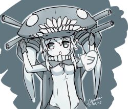 Rule 34 | 10s, 1girl, abyssal ship, bodysuit, cape, chibi, gloves, hat, kantai collection, long hair, lynte, open mouth, pale skin, silver hair, wo-class aircraft carrier