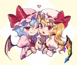 Rule 34 | 2girls, ascot, bat wings, black wings, blonde hair, blue gemstone, blue hair, bow, brooch, cheek-to-cheek, closed mouth, crystal, fang, fang out, fingernails, flandre scarlet, gem, hair between eyes, hat, hat bow, heads together, holding hands, interlocked fingers, jewelry, light blue hair, long hair, mob cap, multiple girls, nail polish, open mouth, pink headwear, pink wings, puffy short sleeves, puffy sleeves, red ascot, red bow, red eyes, red nails, red vest, remilia scarlet, ribbon-trimmed headwear, ribbon trim, sharp fingernails, short hair, short sleeves, siblings, side ponytail, sisters, skin fang, smile, touhou, two-tone wings, ukata, upper body, vest, white headwear, wings, yellow ascot